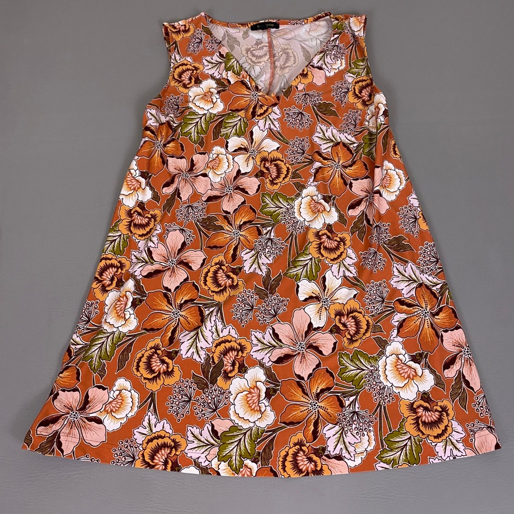 Ellen Weaver Shift Dress Women's XL Floral V-Neck Sleeveless Orange Retro Boho *